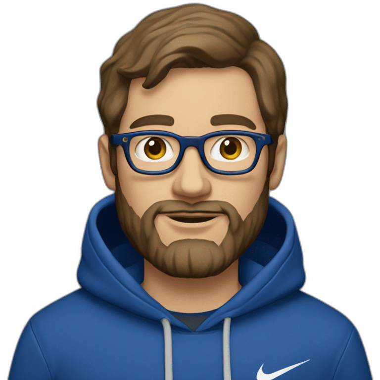 Brown hair white man with a beard and round glasses typing on apple computer wearing a dark blue nike hoodie emoji