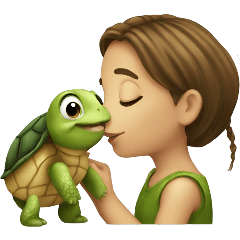 European girl kisses little turtle emoji