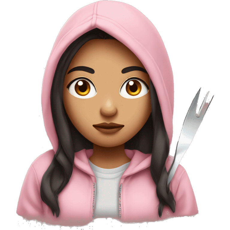 Girl with long dark hair in a light pink hoodie with a serious face holding a butter knife emoji