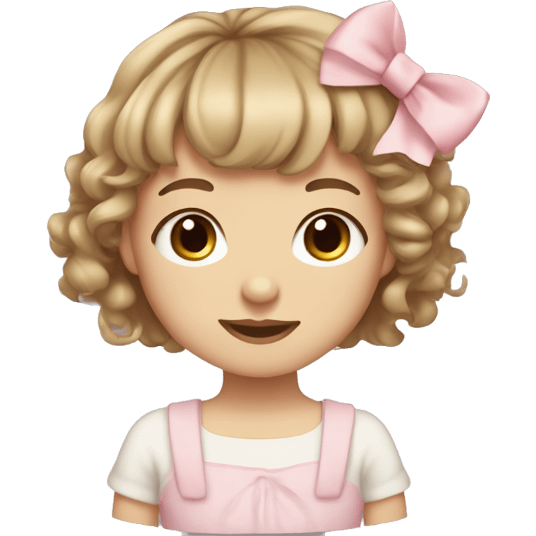 cute girl with light skin, blue eyes, short wavy light brown hair with bangs, light pink bow in hair on the side emoji