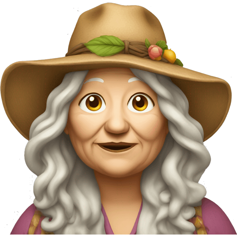 Fat old hippie woman long hair and hat emoji