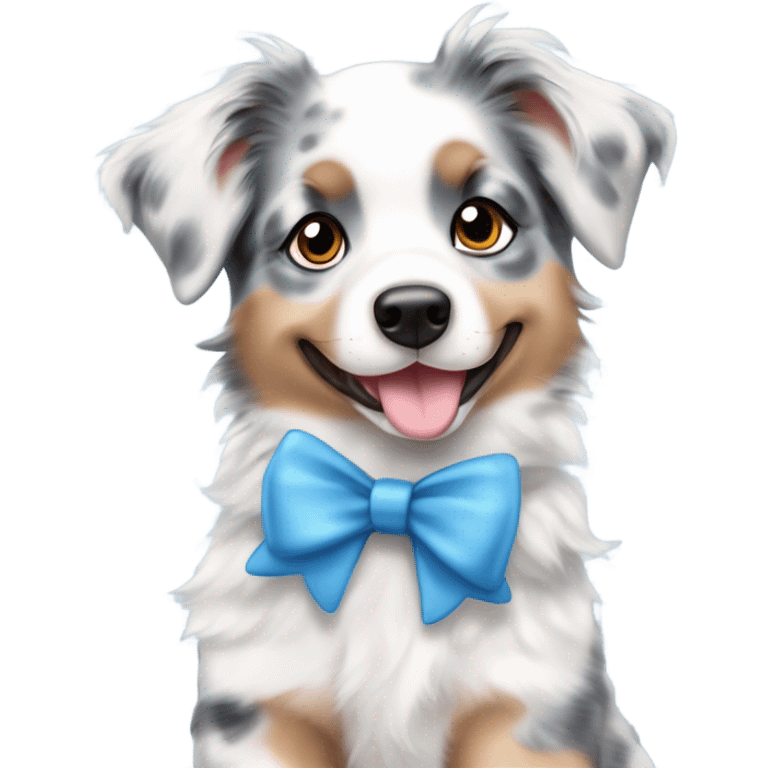 light blue merle Australian shepherd puppy with blue eyes with a coquette bow on ear emoji