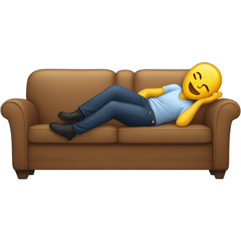 A person lying on a sofa, one leg crossed over the other, with hands behind the head, relaxing in a cozy setting, emoji skin emoji