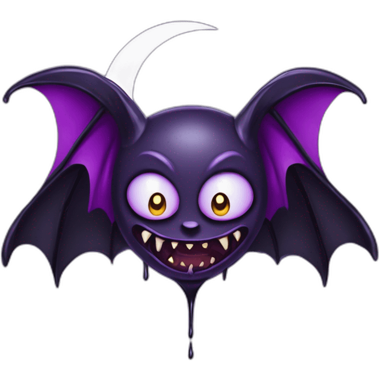 purple and black evil face vampire bat anime sparkle eyes wings flying in front of large dripping crescent moon emoji