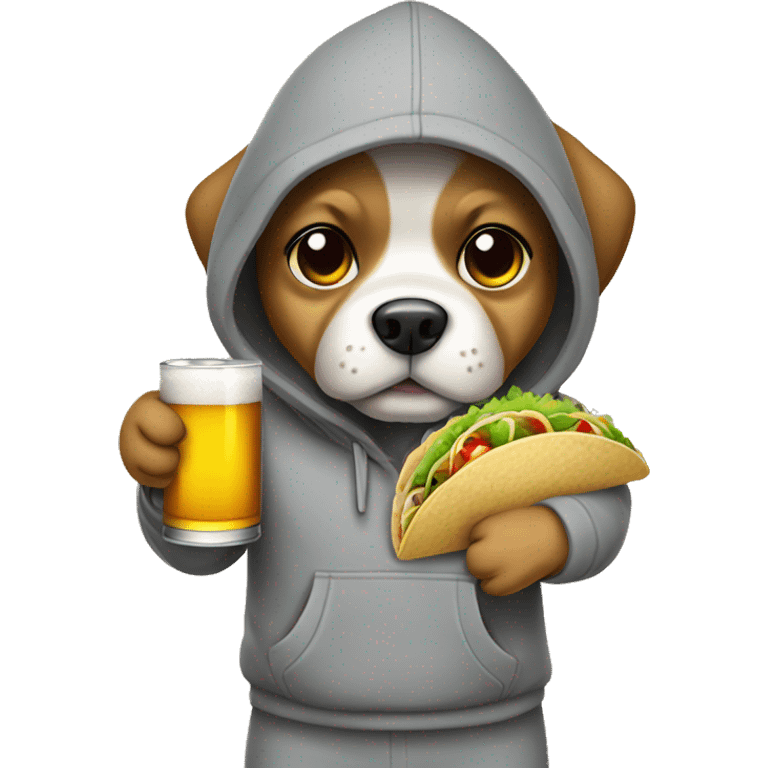 Dog standing wearing a grey hoodie with his hands in his pockets holding a beer and tacos emoji