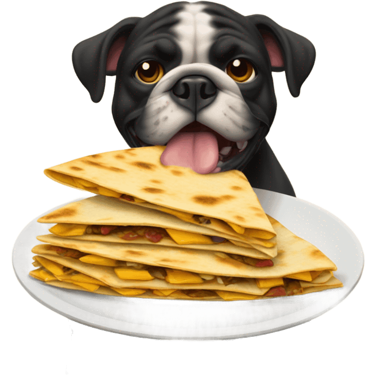 a black bulldog eating some quesadillas emoji