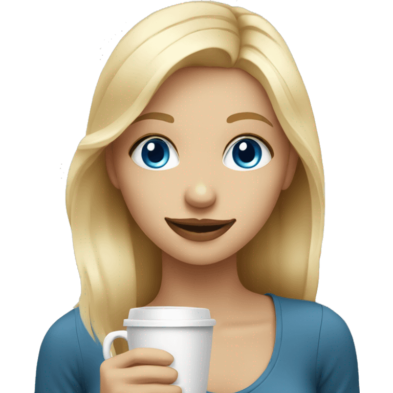 Smiley blonde girl with blue eyes with coffee emoji