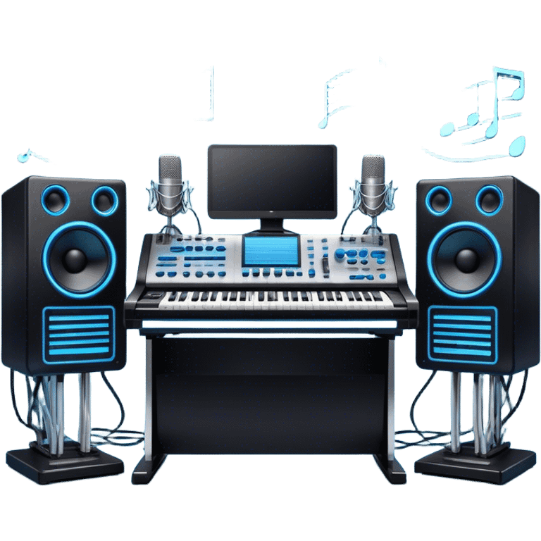 Create a professional and detailed emoji that represents sound design. The design should feature a high-end studio synthesizer (like the Korg), a sound mixing console with visible wires, large studio speakers, and a microphone to symbolize the essential equipment in sound design. Add musical note waves flowing around the equipment to emphasize the connection between sound creation and musical composition. Use sleek, modern colors like black, silver, and neon blue to represent the professional and futuristic nature of sound design. The background should be transparent. emoji