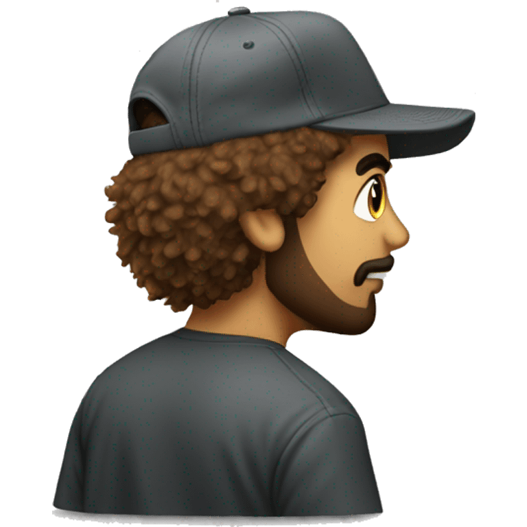 Shaggy-haired graphic designer baseball hat backwards emoji