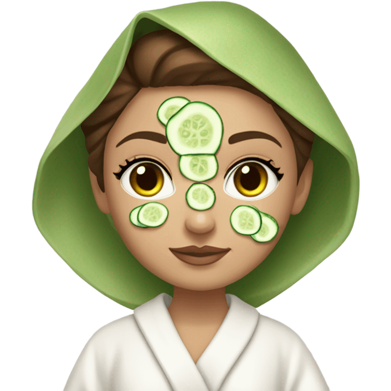 White girl with Brown hair and blue eyes wears a Green colored skincare clay textured mask and puts on cucumbers around her eyes while She relaxes in her white Robe emoji