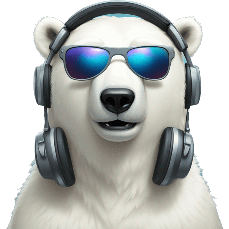 polar bear, cute emoji face, looking forward, remix dj, wearing cool sunglasses and over ear headphones, wearing a crown emoji