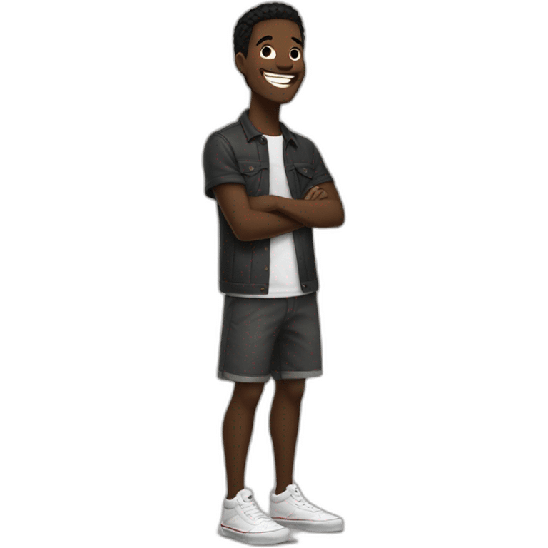 dark-skinned man, with black hair and brown eyes, dressed in a skater style dress of the brand vans laughing emoji