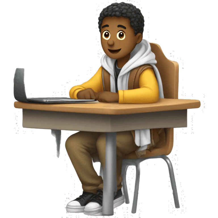 male student sitting at a school desk, a Chromebook with a blanket wrapped around shoulders emoji