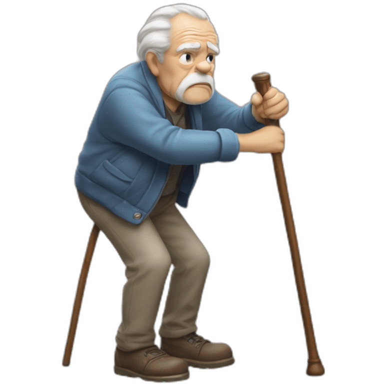 Old man leaning on a walking cane and holding his crancky back with his hand, grumpy face, detailed emoji