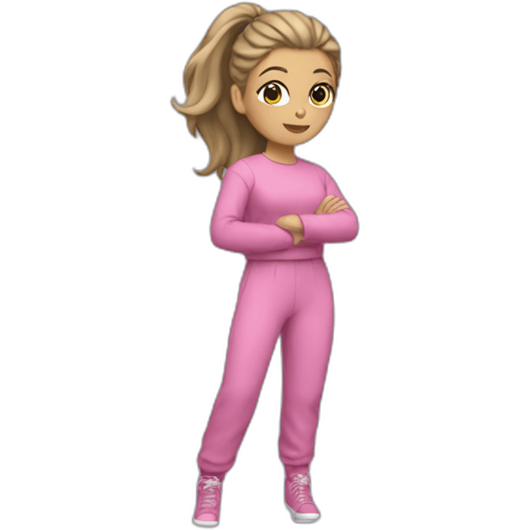 Woman dark blond hair ponytail pink  full body jumpsuit flying emoji