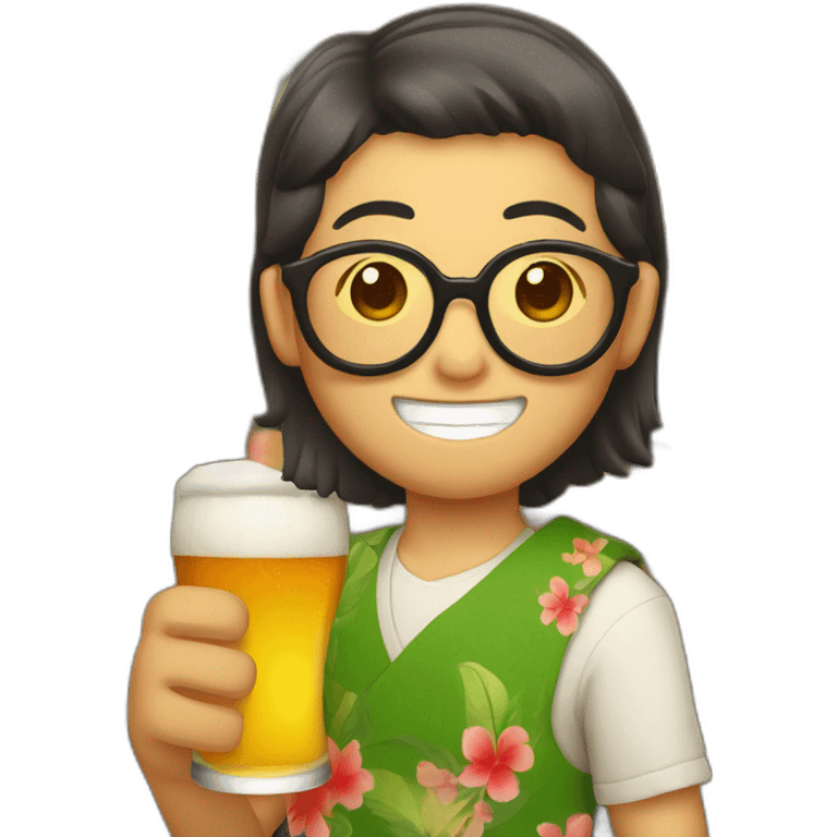 Japanese wearing roundglasses alohashirt is holding beer emoji