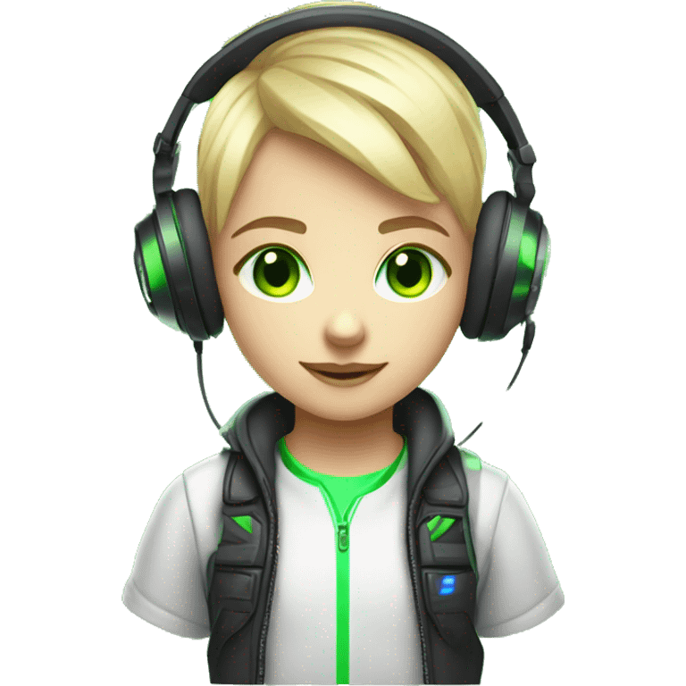 Blonde Short hair Gamer kid with green eyes with headset and gamepad with neon Lighting emoji