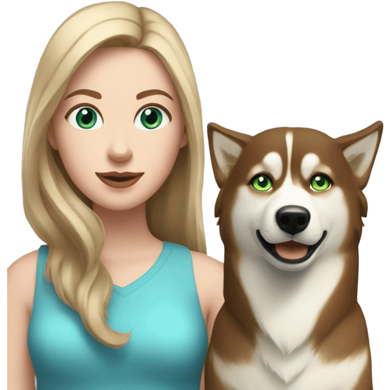 White Woman hair brown and bleus eyes and golden Husky With green eyes emoji