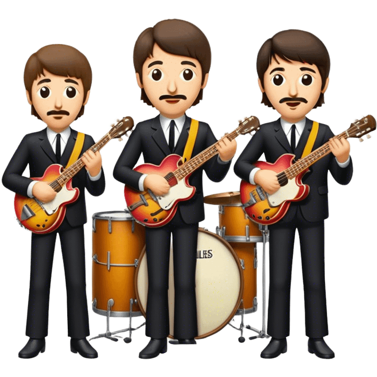 Cinematic Realistic The Beatles Group Emoji, depicted as an iconic band of four exuding playful charisma and musical genius with retro instruments and vibrant expressions, rendered with rich textures and nostalgic dynamic lighting that captures their legendary impact on pop culture. emoji