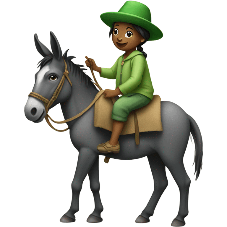 Little person riding a donkey with a green hat emoji