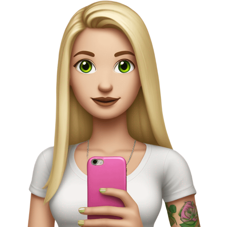 Realistic White girl with Long straight blonde hair, green eyes, tattoos, full body wearing white crop top, holding pink phone emoji