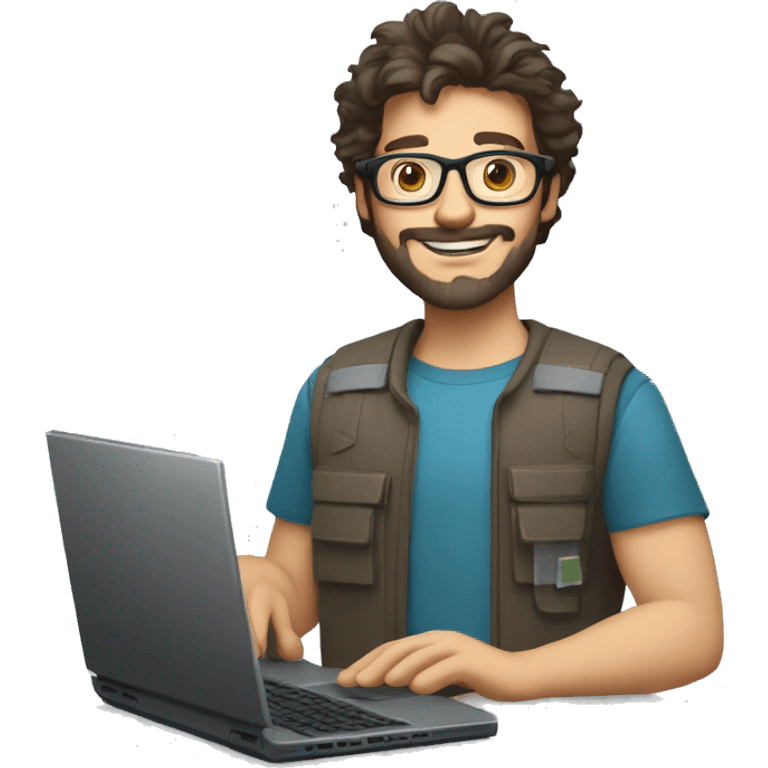 man with light skin, short messy hair, dark brown hair, with glasses, with a beard and short bogey. Happy computer technician with a laptop emoji