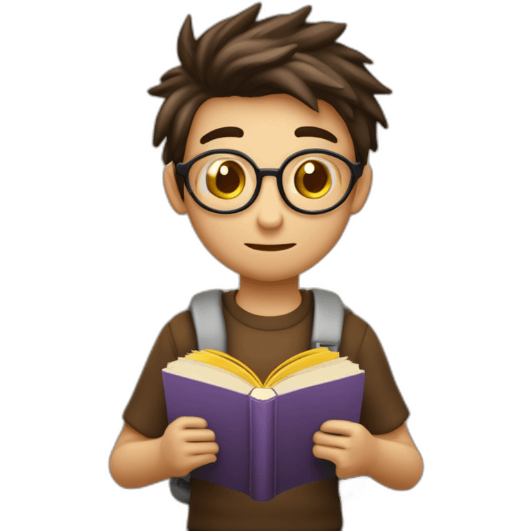 icono joven estudiante con  con un libro en sus manos y en su cabeza, junto a muchos libros y una lampara y un libro en su cabeza, con muchos y muchos  libros, de piel blanca emoji