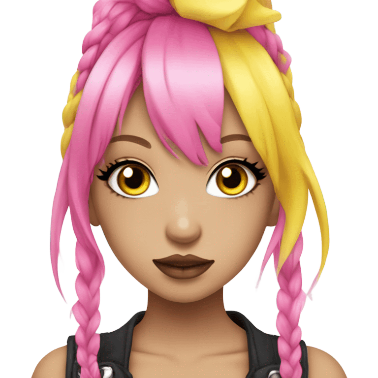 hime gyaru girl, blue eyes, hot pink and yellow split-dyed hair, dark makeup, punk clothes emoji