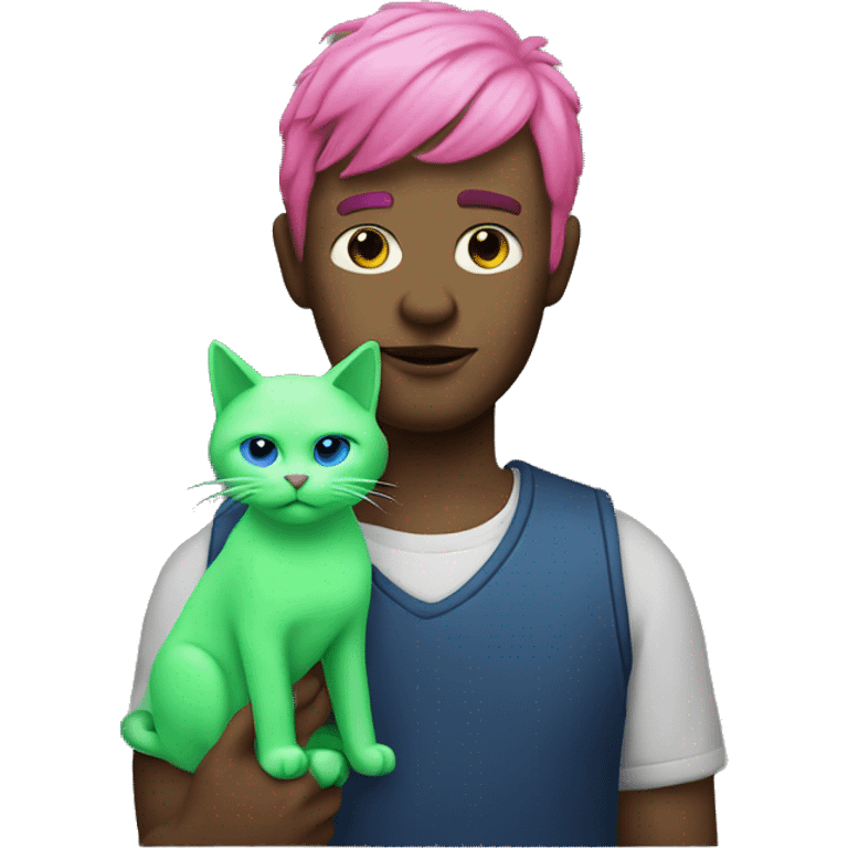 Man with pink hair and blue skin holding a cat that’s neon green emoji