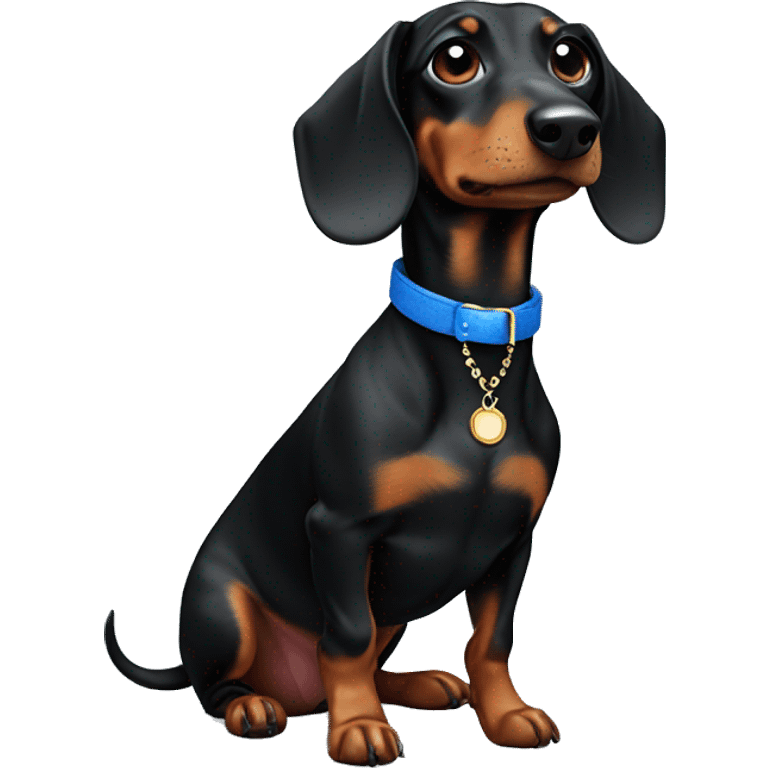 Dachshund black with marble. With blue collar. A little bit fat emoji