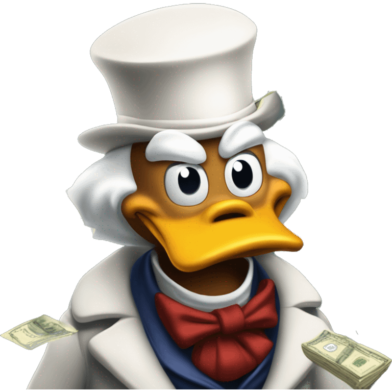 Scrooge McDuck counting money photorealistic serious emoji