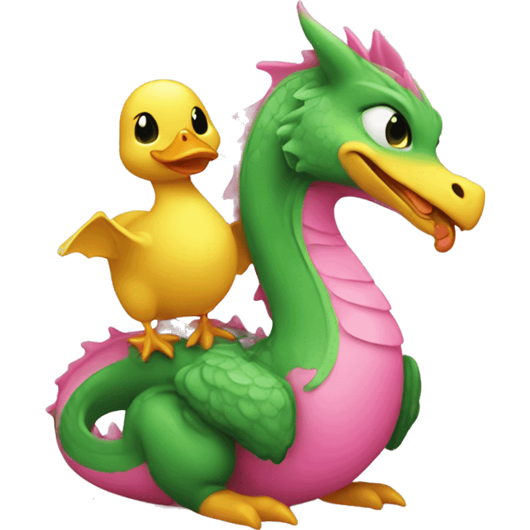 pink and green colored dragon with a baby duck  emoji