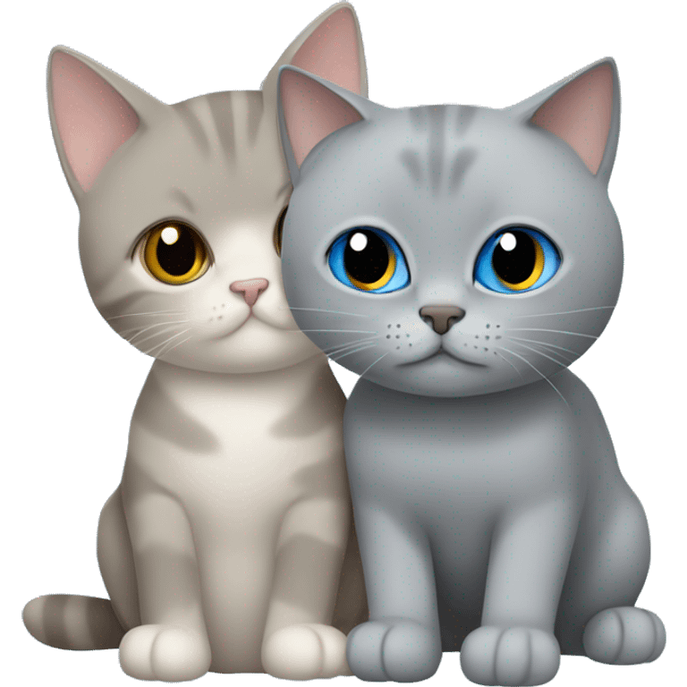 Grey cat with folded ears cuddling with beige British shorthair with blue eyes  emoji