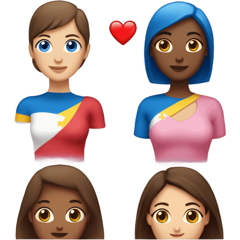 two ladies in love with a heart. the one on the left is a white lady with blue eyes and a brown bob with a pink shirt. the second is a venezuelan lady with brown eyes and dark brown hair with a red dress emoji