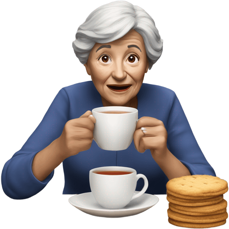 3d hyper realistic senior woman drinking a cup of tea with a biscuit  emoji