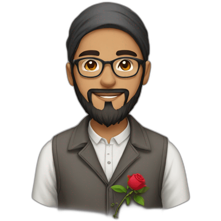 A Muslim bearded teenager wearing glasses with a rose and a letter emoji