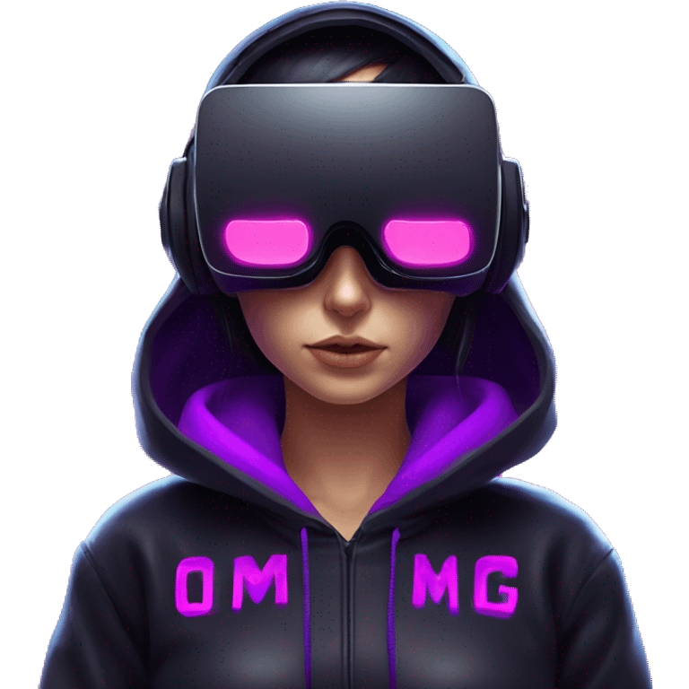 Russian girl wearing black hoody with violet letters "OMG", in vr headset. Cyberpunk style. Violet neon. emoji