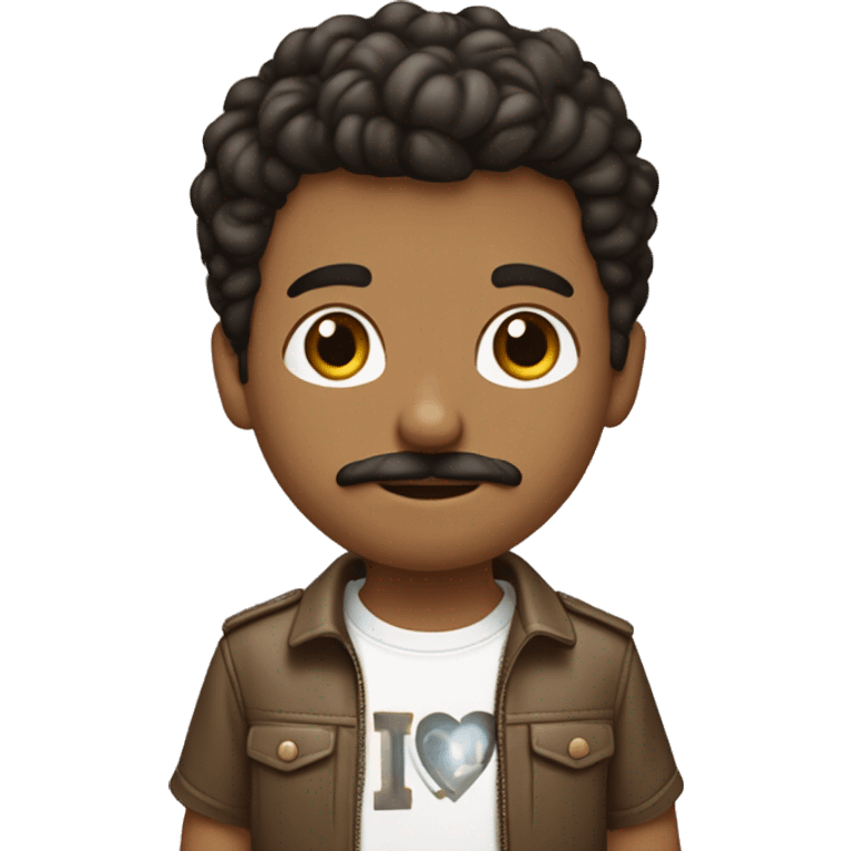 boy with medium length dark brown hair and moustache wearing a i love new york shirt, brown pants and cross body bag light brown skin emoji