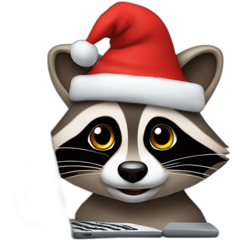 the face of a raccoon with a christmas hat working on a laptop emoji