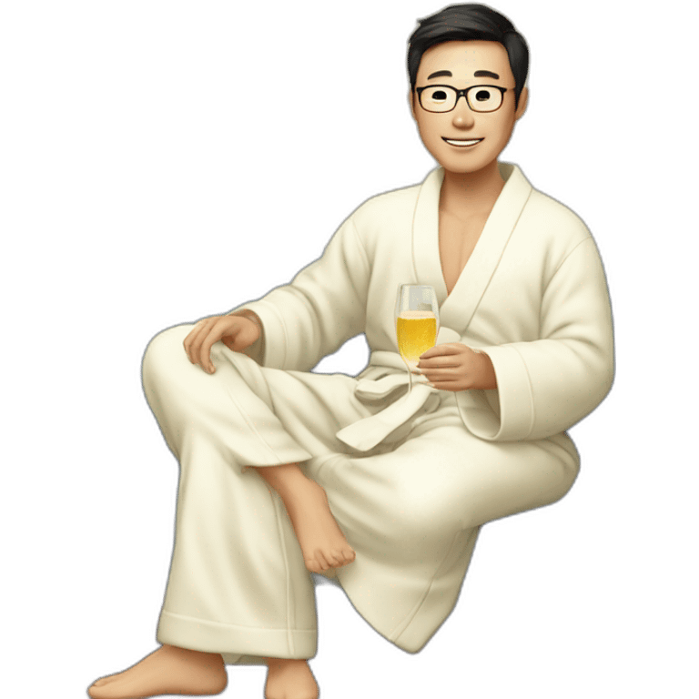 A Korean man in a bathrobe on the sofa with a glass of champagne emoji