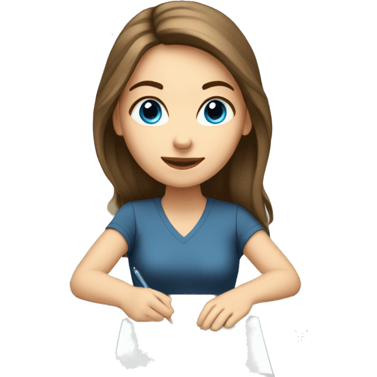 white girl studying at a white desk, brown hair, blue eyes, computer emoji