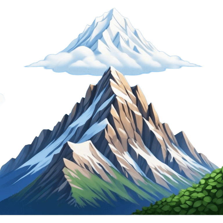 Cinematic Realistic Mountain Emoji, Majestic and towering, with craggy, snow-capped peaks rising sharply against a deep blue sky. The rugged terrain is dotted with rocky outcrops and patches of greenery, with clouds swirling around the higher reaches. Soft glowing outline, capturing the essence of ancient strength and natural beauty in a towering mountain! emoji