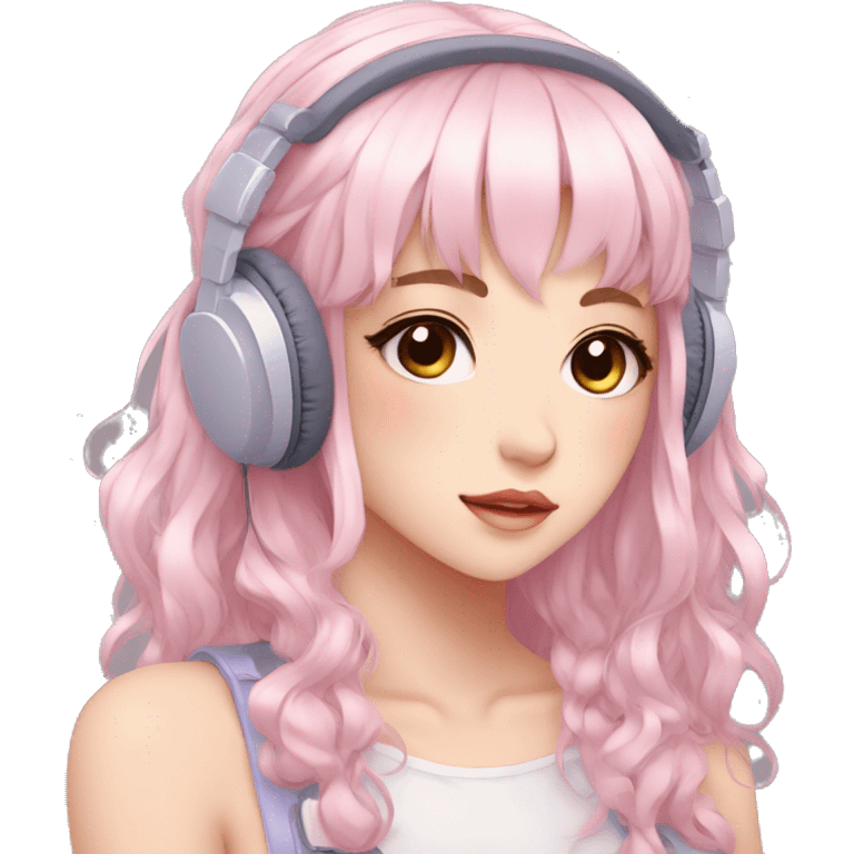 Gorgeous pastel anime girl with blushing face and hair garnitures and pretty hair and headphones aesthetic trending style emoji