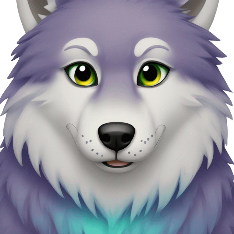 Blue and green and purple fur red eyes wolf happy emoji