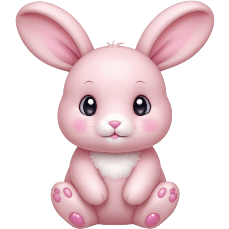 Cinematic adorable pastel pink bunny, chubby cheeks, tiny paws, sparkling round eyes, soft fur with a gentle glow, slightly tilted head, wearing a tiny bow, irresistibly cute and heartwarming. emoji