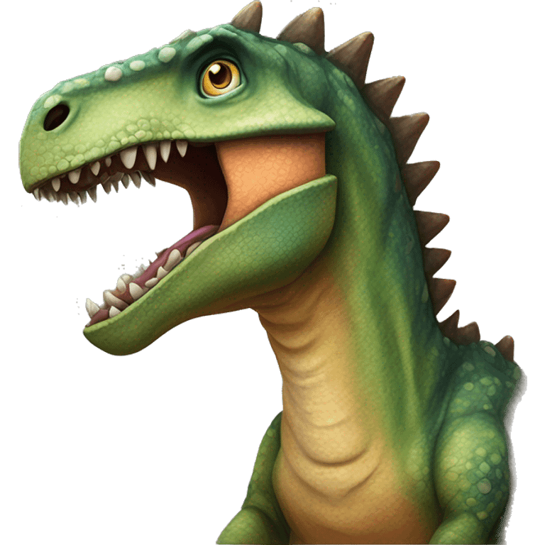 the head of a dinosaur with a beak-like mouth, scaly textured skin, and a row of small spines along its back. The dinosaur has a curious expression with wide eyes and an open mouth. Use vibrant colors to emphasize the dinosaur's playful emoji