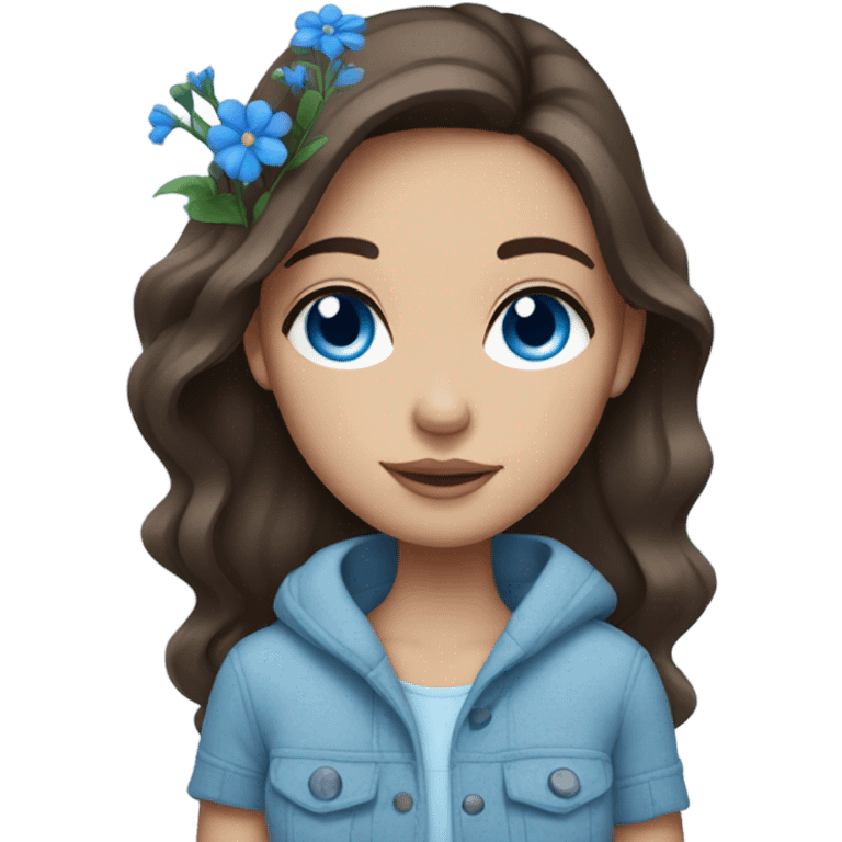 Brunette white Girl with blue eyes and freckles holding blue flowers  emoji