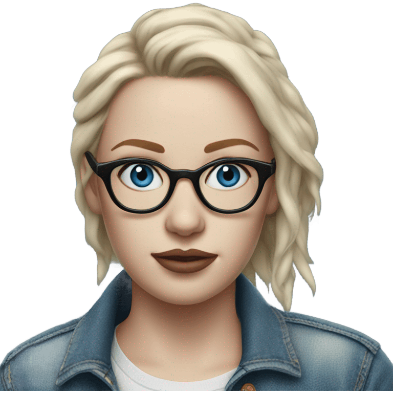 Create a Hyper Realistic pale beautiful tattooed 3D woman with glasses and blue eyes wearing denim jacket emoji