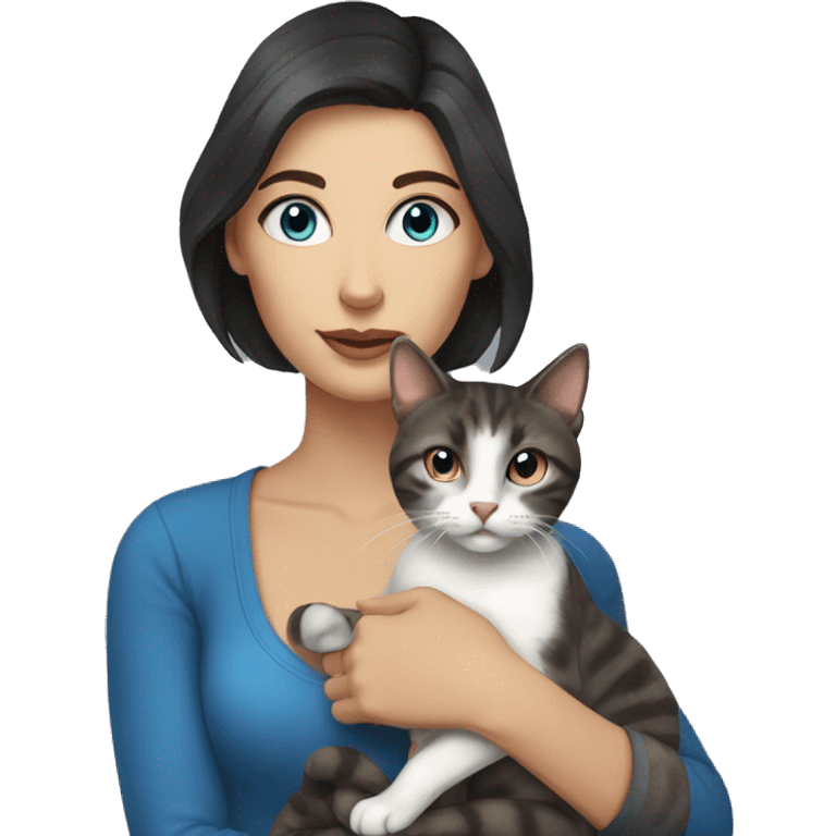 woman with dark hair and blue eyes holding a tabby cat emoji