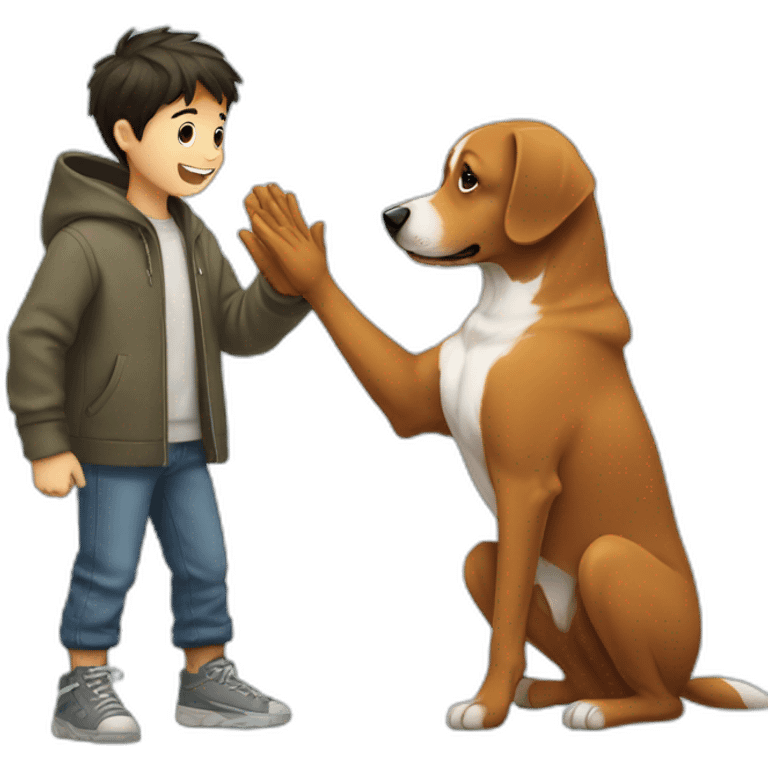 boy with dog and hoodie, dog is giving high five to boy emoji